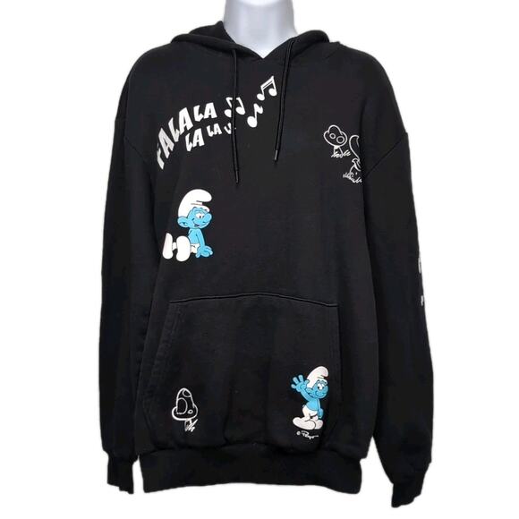 Smurfs Fleece Hoodie Womens M Black Pockets Mushroom Graphic Print Sweatshirt - Picture 4 of 16
